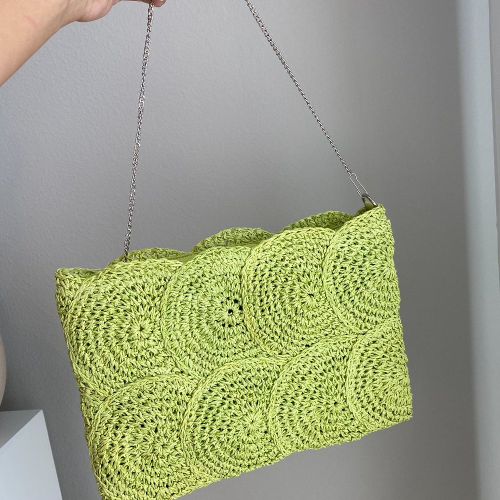 Light Green Woven Straw Clutch Shoulder Bag Strap Gem